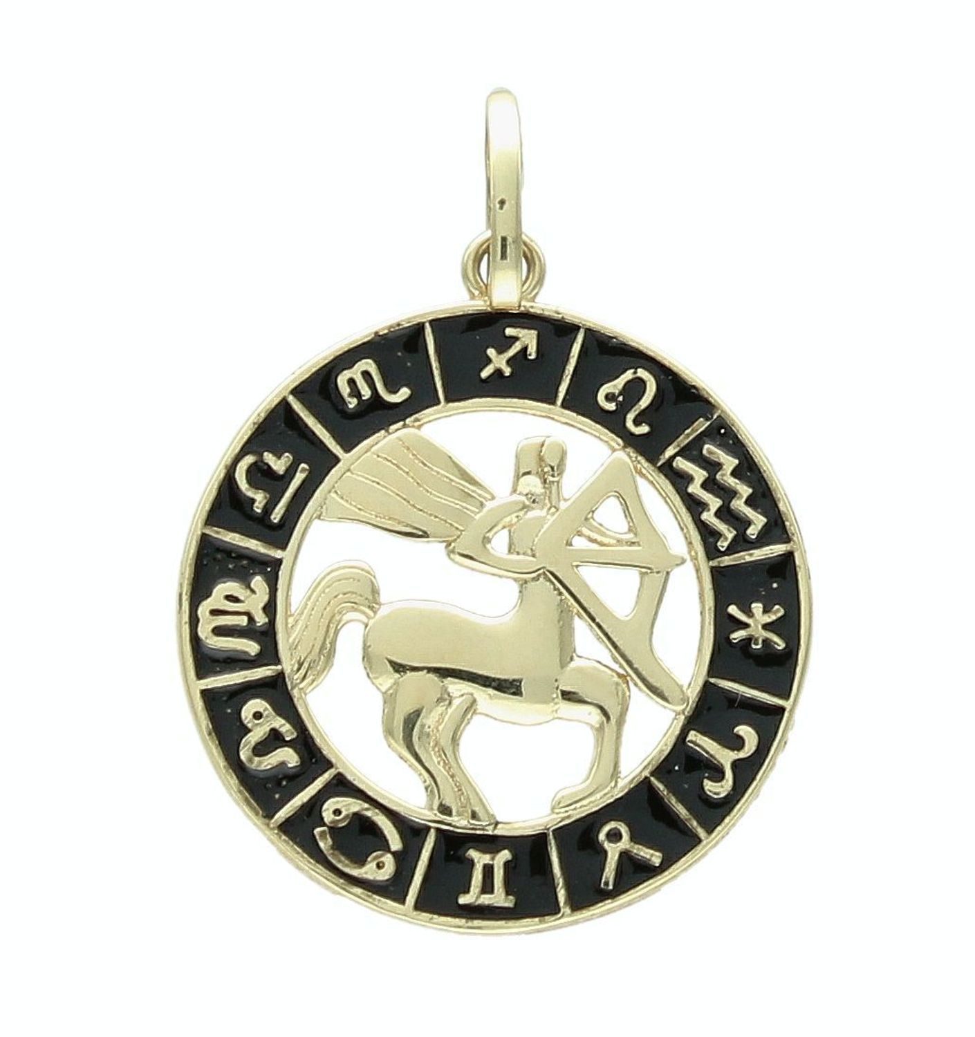Złota zawieszka 585 znak zodiaku Strzelec z czarną emalią w kółku ZA 7310E.jpg